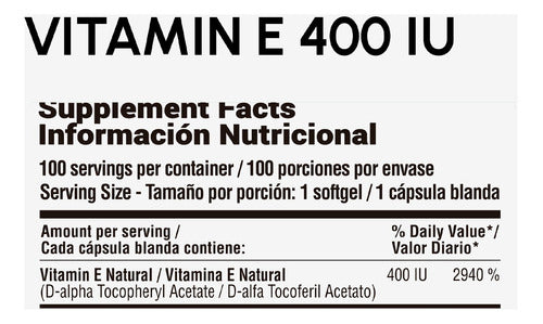 Natural Vitamina E Qualivits 400 Ui X 100 Cápsulas Blandas Sabor Natural