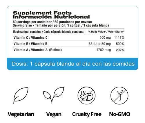 Antioxidante Vitamina C + Vit E + Vit A X 60 Caps Qualivits® Sabor Sin Sabor