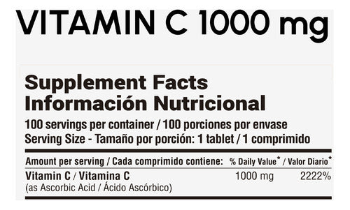 Qualivits® Vitamin C 1000mg X 100 Tabletas Sabor Sin Sabor